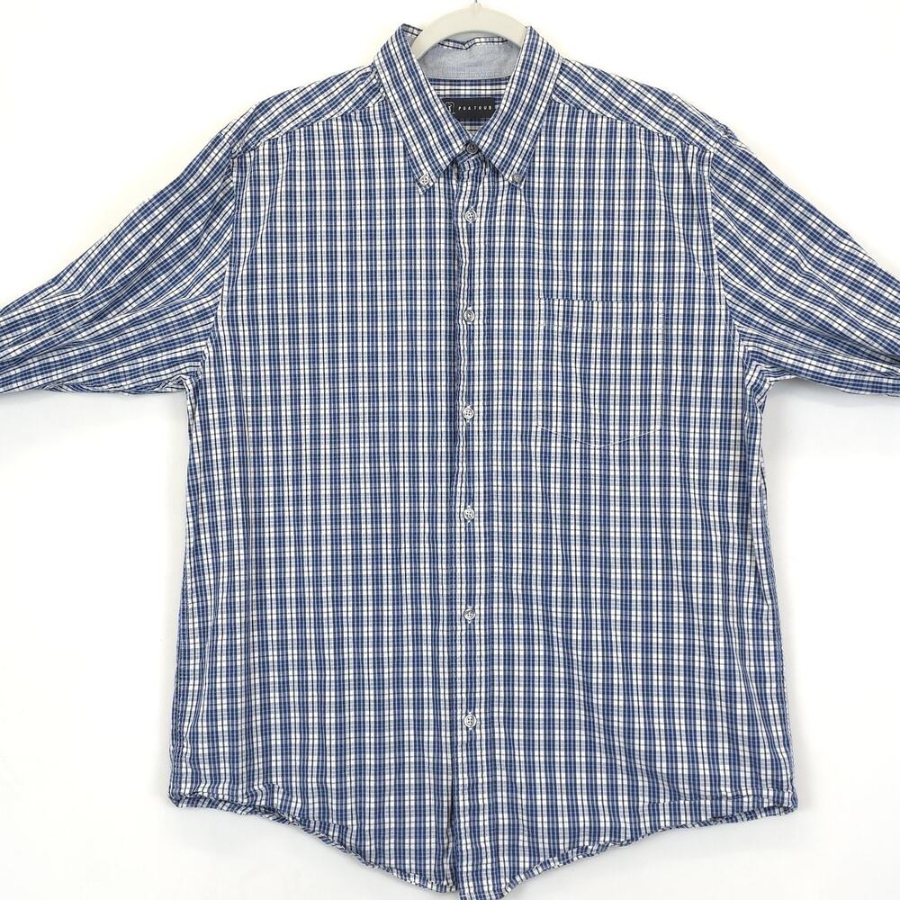 PGA Tour Plaid Button Up Shirt Flip Cuff Long Sleeve Men L Blue White Preppy